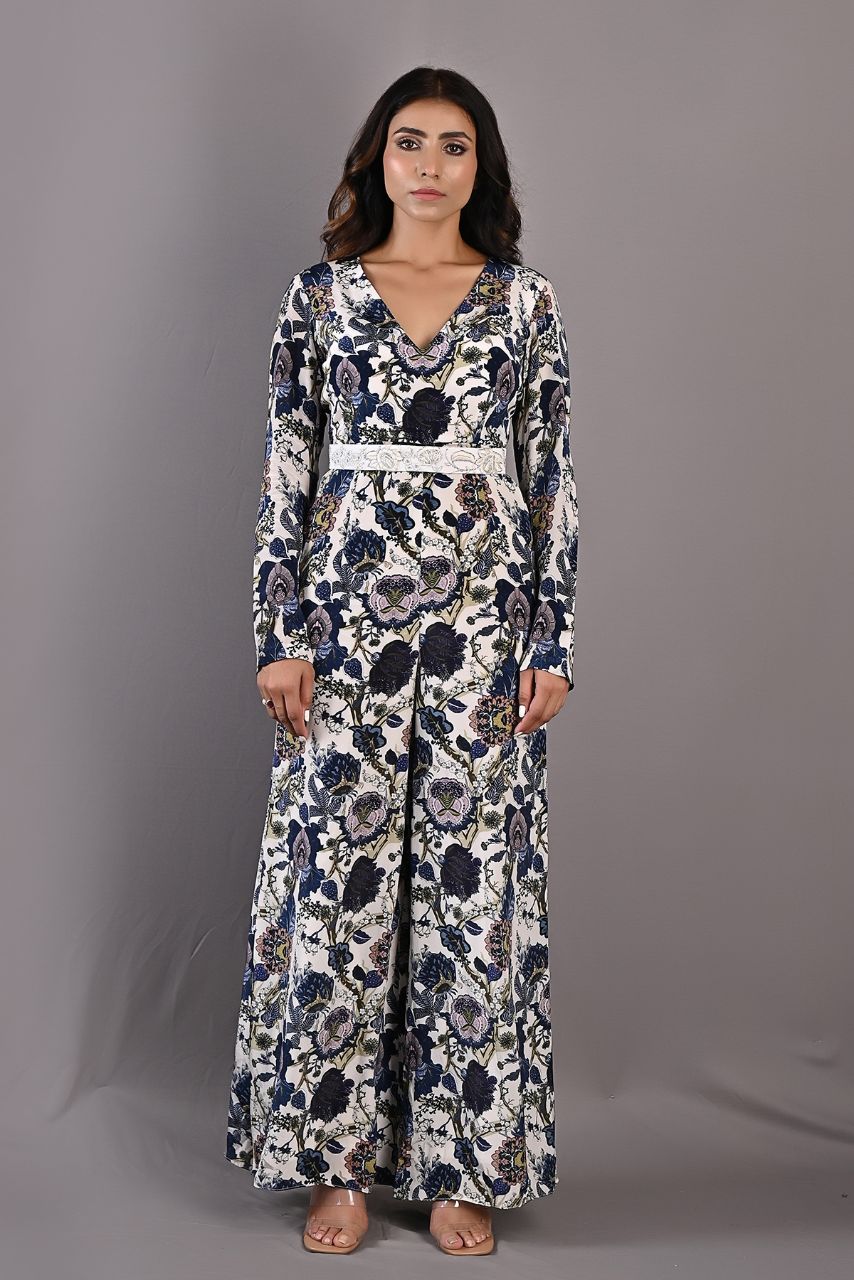 Dahlia- Printed Jumpsuit with Embroidered Off White Belt-0