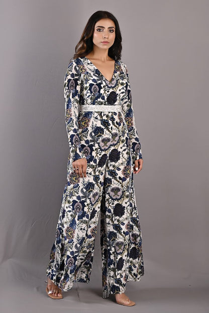 Dahlia- Printed Jumpsuit with Embroidered Off White Belt-1