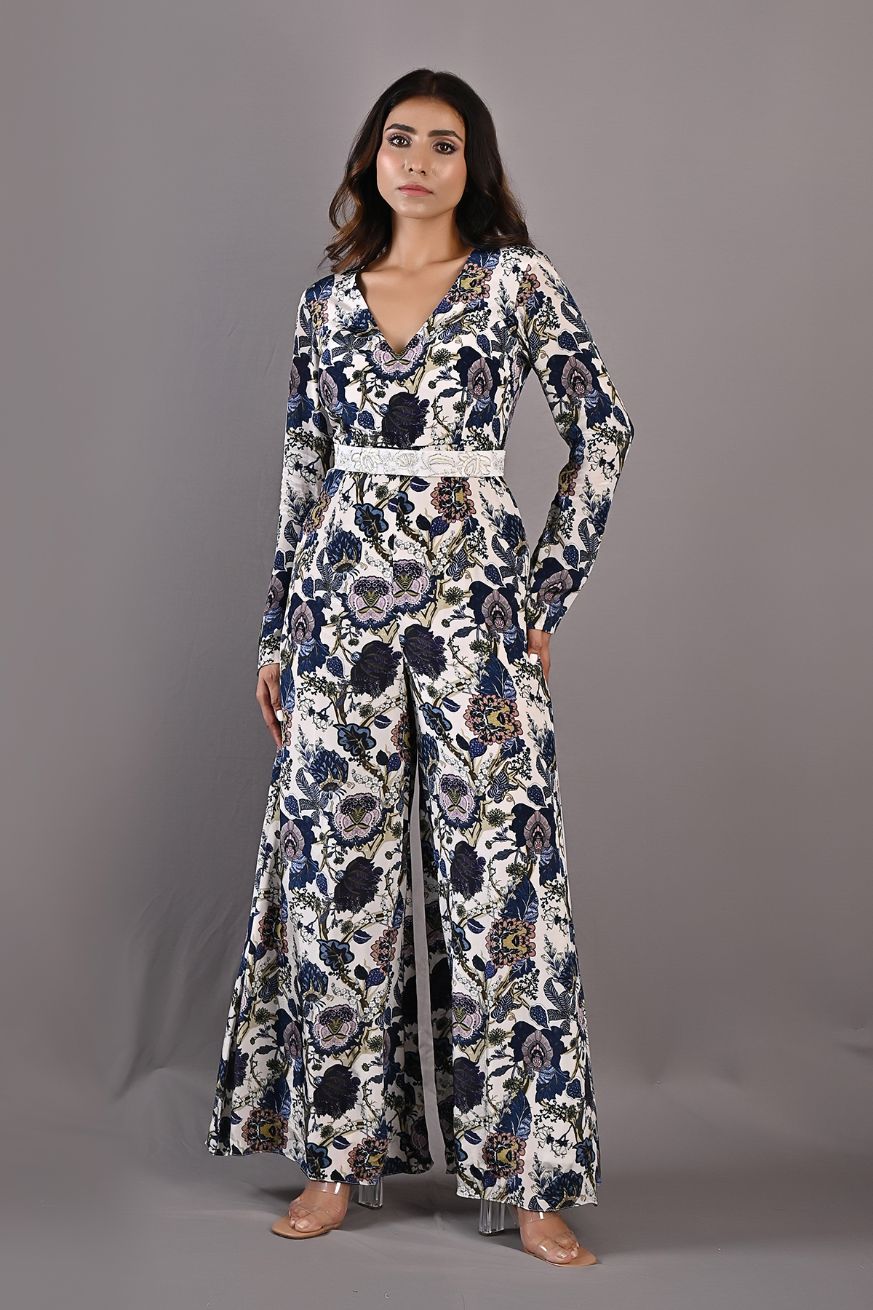 Dahlia- Printed Jumpsuit with Embroidered Off White Belt-2