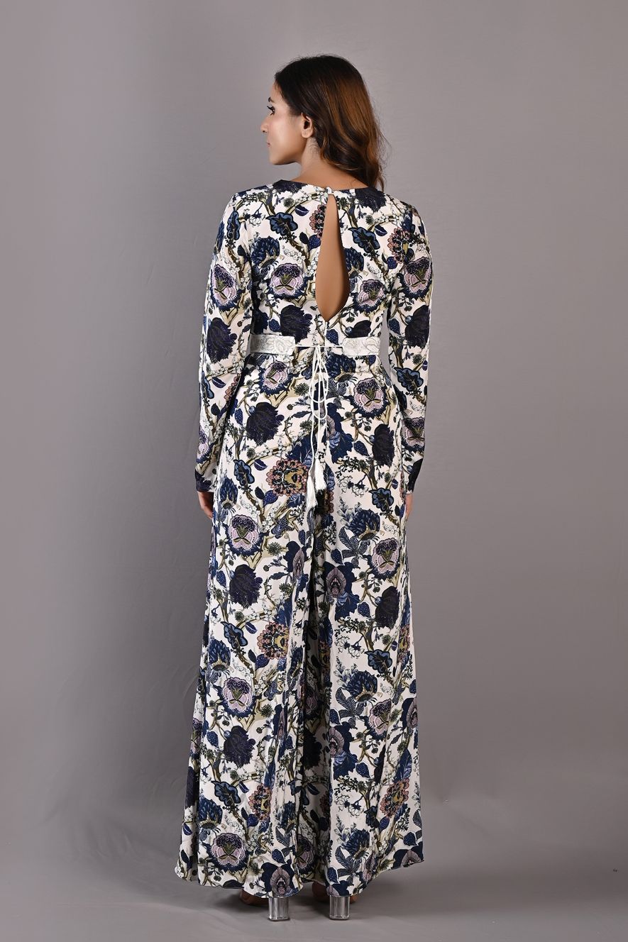 Dahlia- Printed Jumpsuit with Embroidered Off White Belt-3