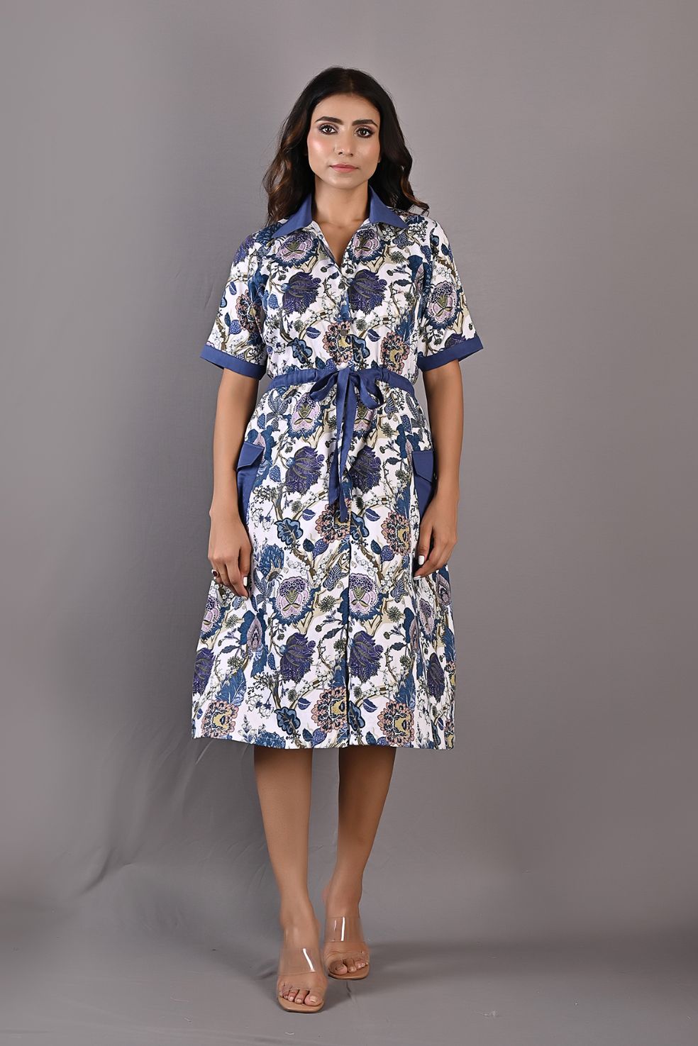 Delphine- Printed Shirt Dress with Attached Fabric Belt-2