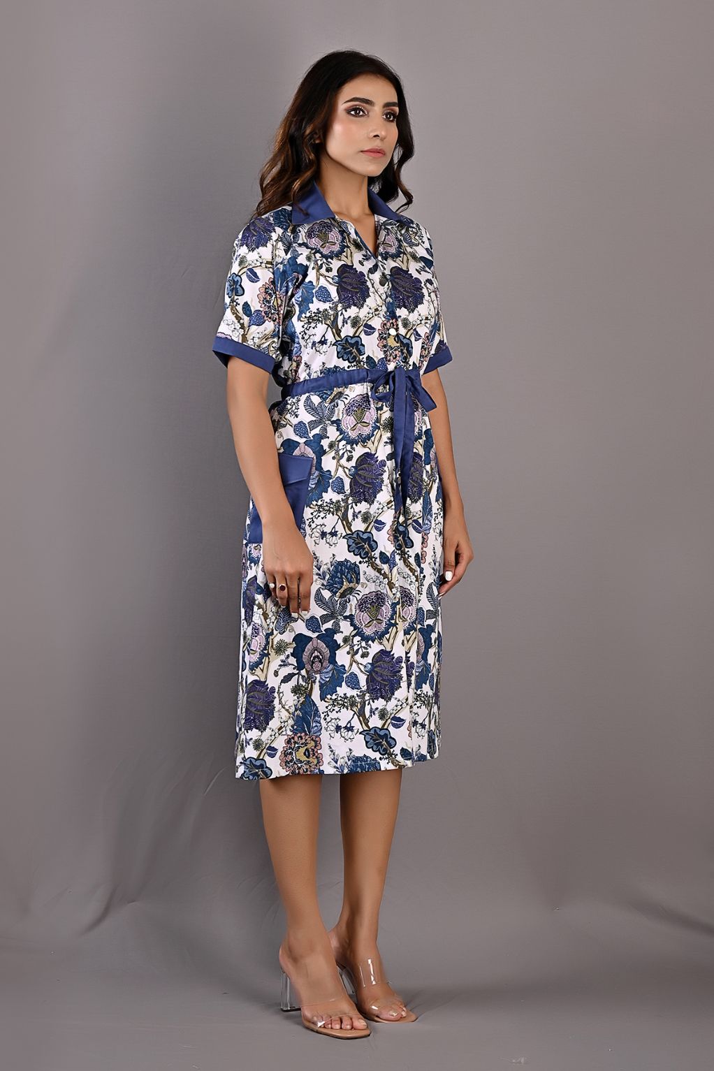 Delphine- Printed Shirt Dress with Attached Fabric Belt-3