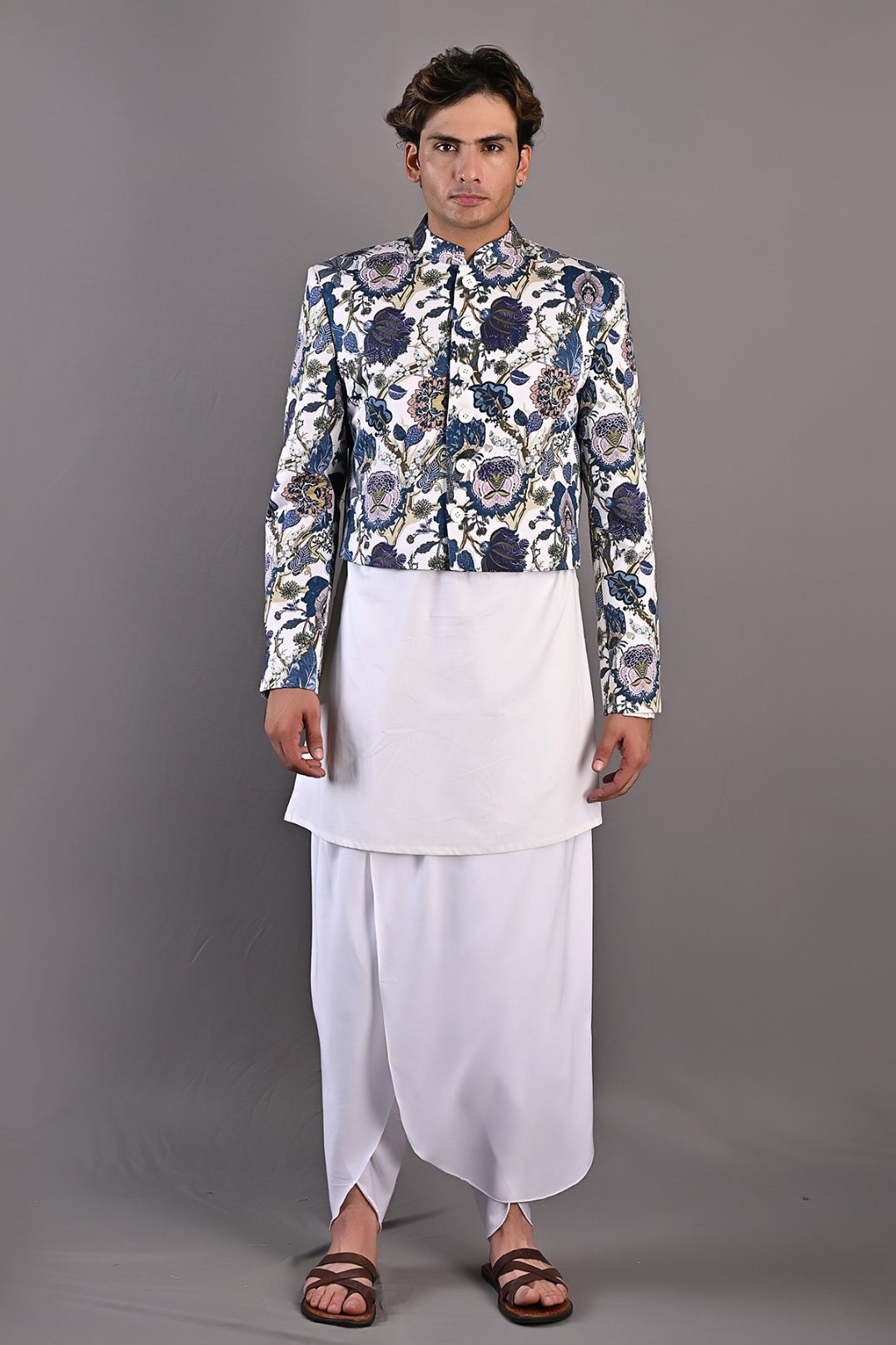 Roosevelt - Multi Blue Printed Short Jacket With Off White Kurta & Tulip Pant Set-0