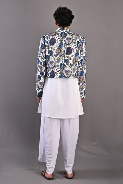 Roosevelt - Multi Blue Printed Short Jacket With Off White Kurta & Tulip Pant Set-1