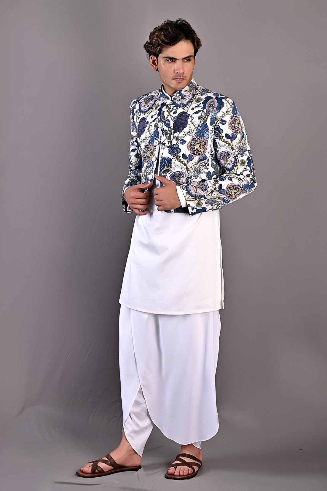 Roosevelt - Multi Blue Printed Short Jacket With Off White Kurta & Tulip Pant Set-2