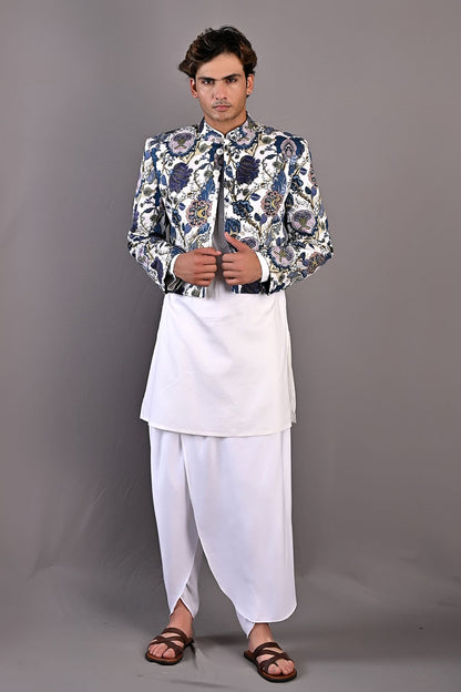 Roosevelt - Multi Blue Printed Short Jacket With Off White Kurta & Tulip Pant Set-3