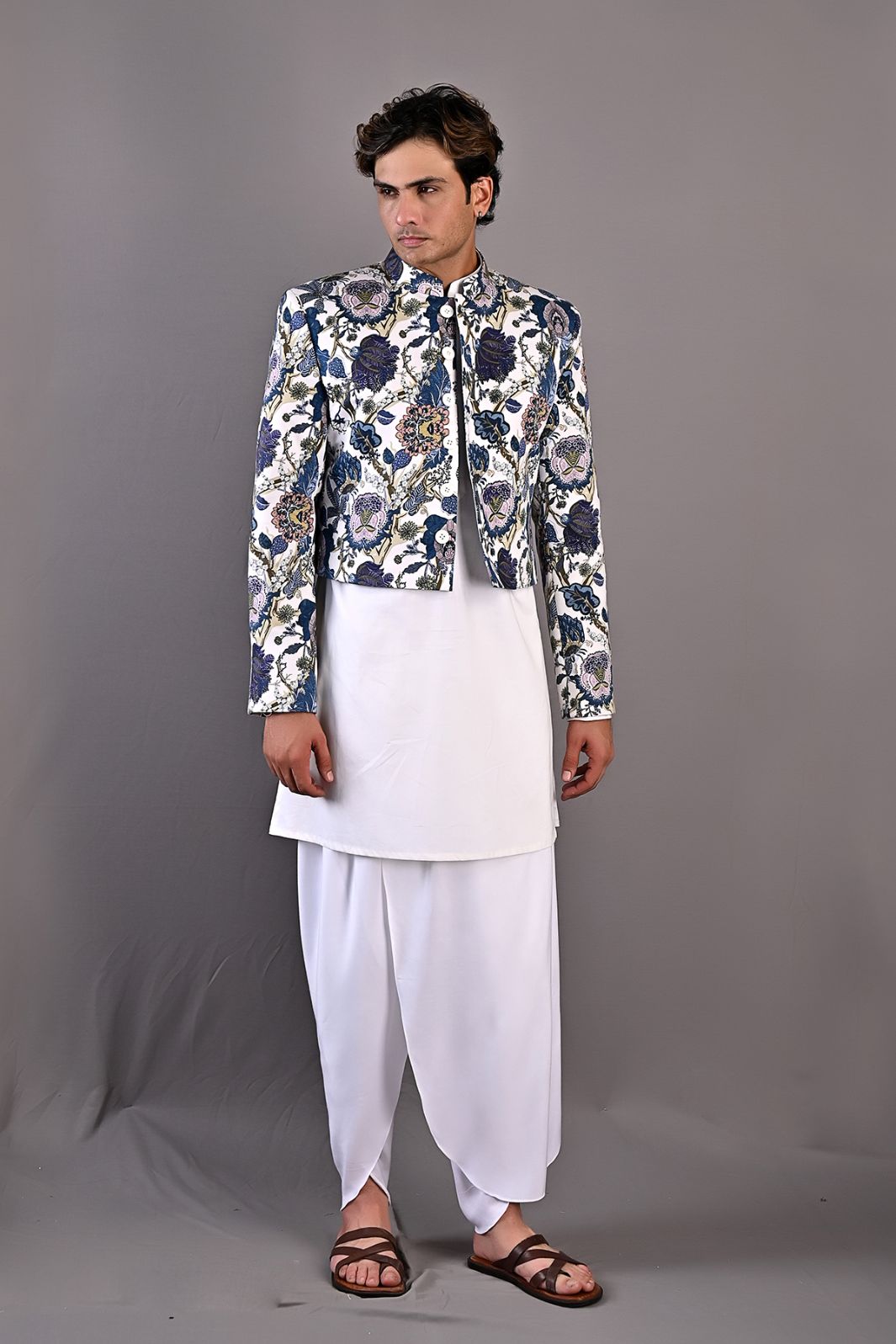 Roosevelt - Multi Blue Printed Short Jacket With Off White Kurta & Tulip Pant Set-4