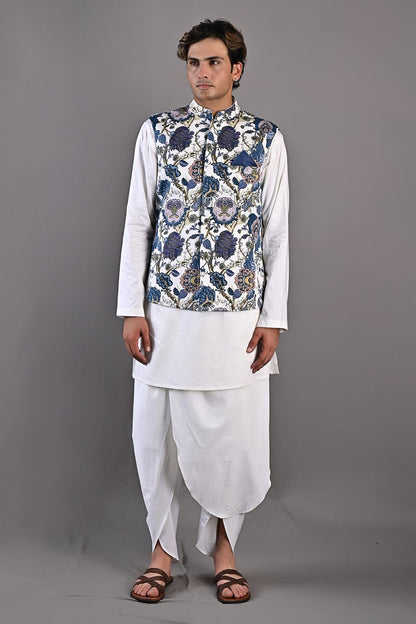 Zephyr- Multi Blue Printed Nehru Jacket with Off-White Kurta & Tulip Pant Set-2