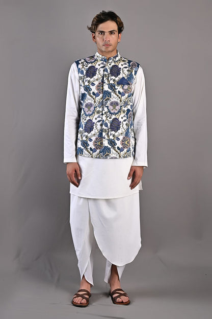 Zephyr- Multi Blue Printed Nehru Jacket with Off-White Kurta & Tulip Pant Set-0