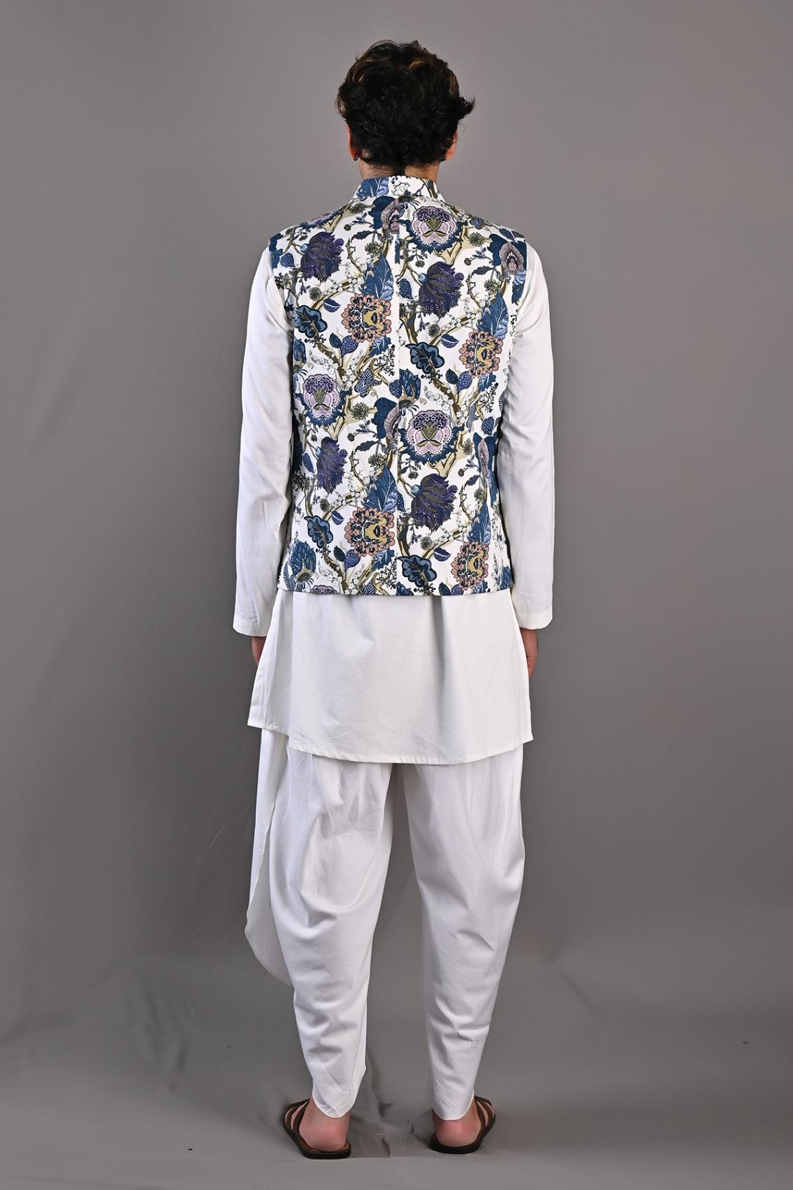 Zephyr- Multi Blue Printed Nehru Jacket with Off-White Kurta & Tulip Pant Set-1