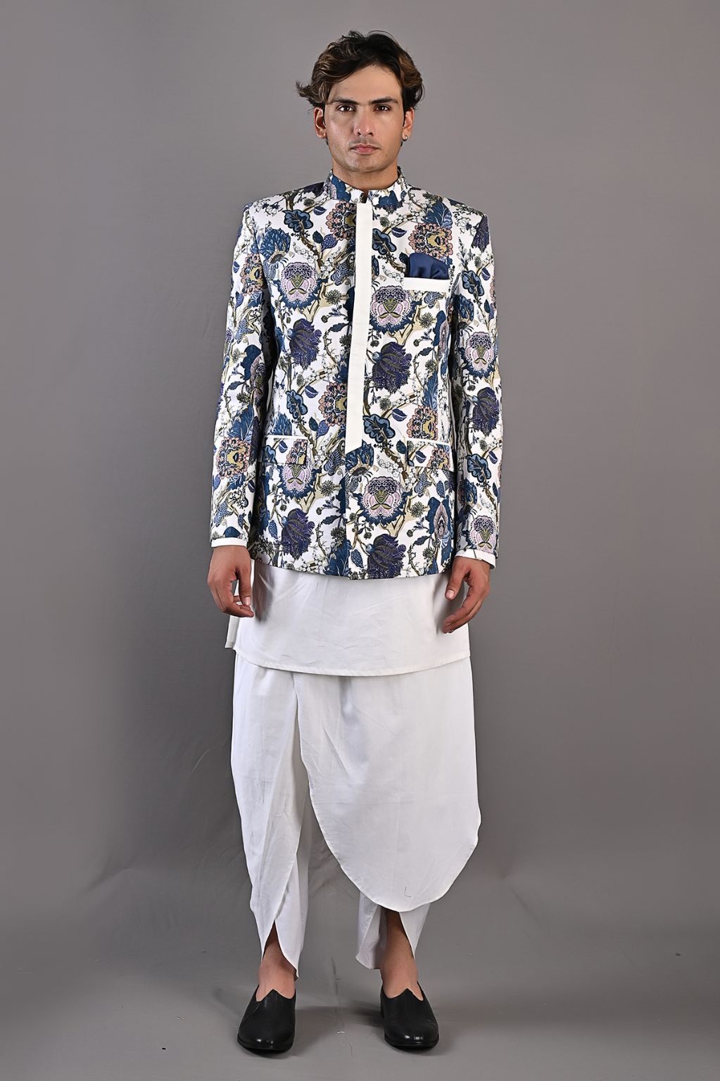 Cedar - Multi Blue Printed Bandhgala Jacket With Off White Kurta & Tulip Pant Set-0