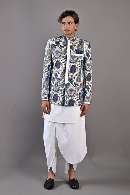 Cedar - Multi Blue Printed Bandhgala Jacket With Off White Kurta & Tulip Pant Set-1