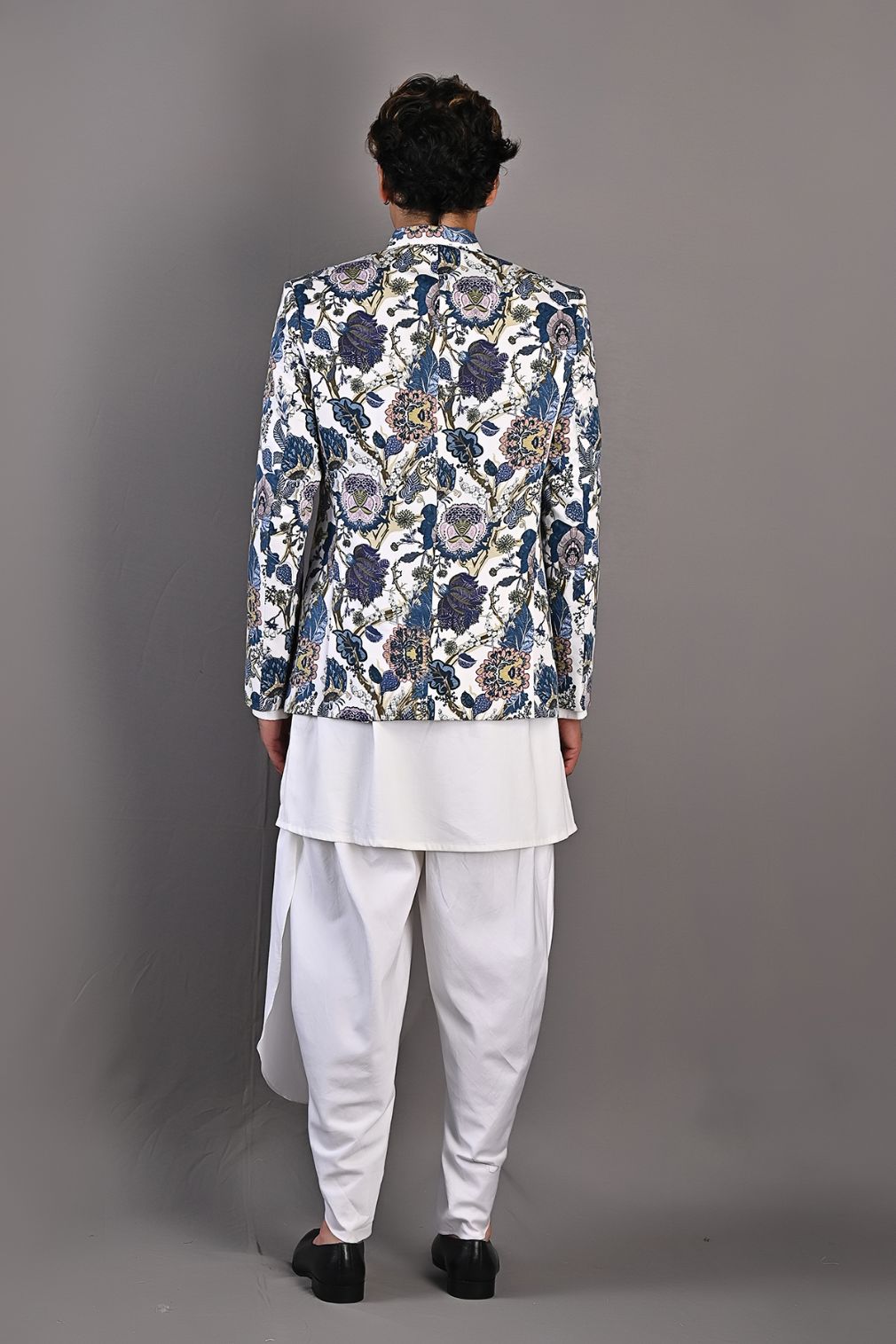 Cedar - Multi Blue Printed Bandhgala Jacket With Off White Kurta & Tulip Pant Set-2