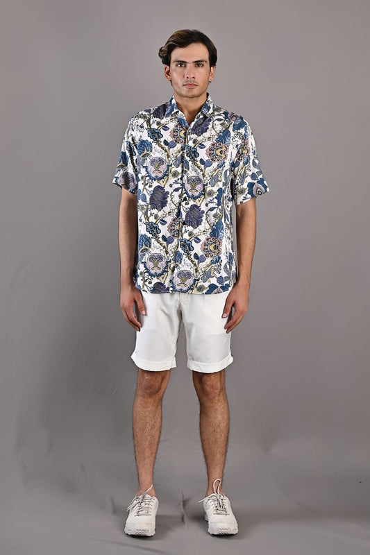 Caesar - Multi Blue Printed Shirt with Off-White Shorts Set-0