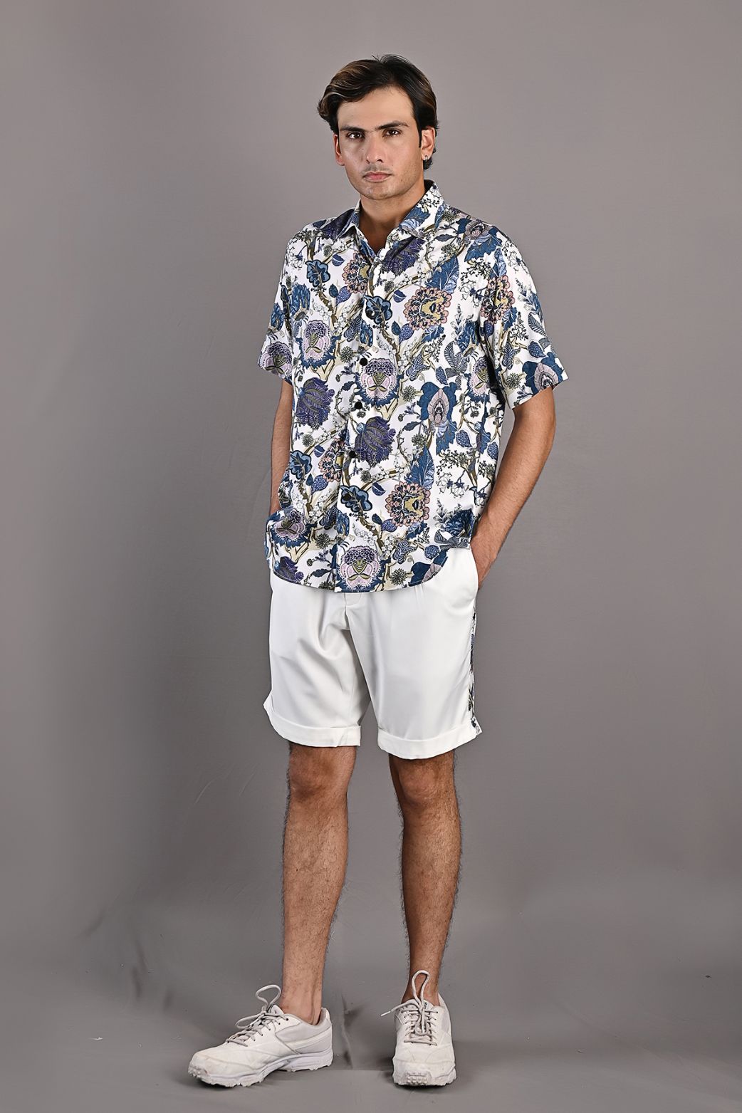 Caesar - Multi Blue Printed Shirt with Off-White Shorts Set-1