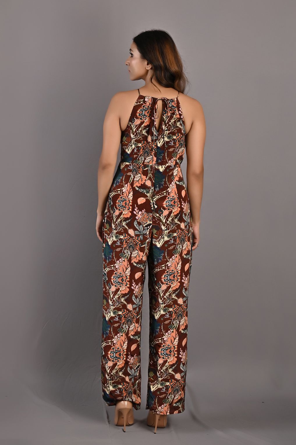 Primrose- Maroon & Multi Printed Jumpsuit with Front Slit and Halter Neck-3