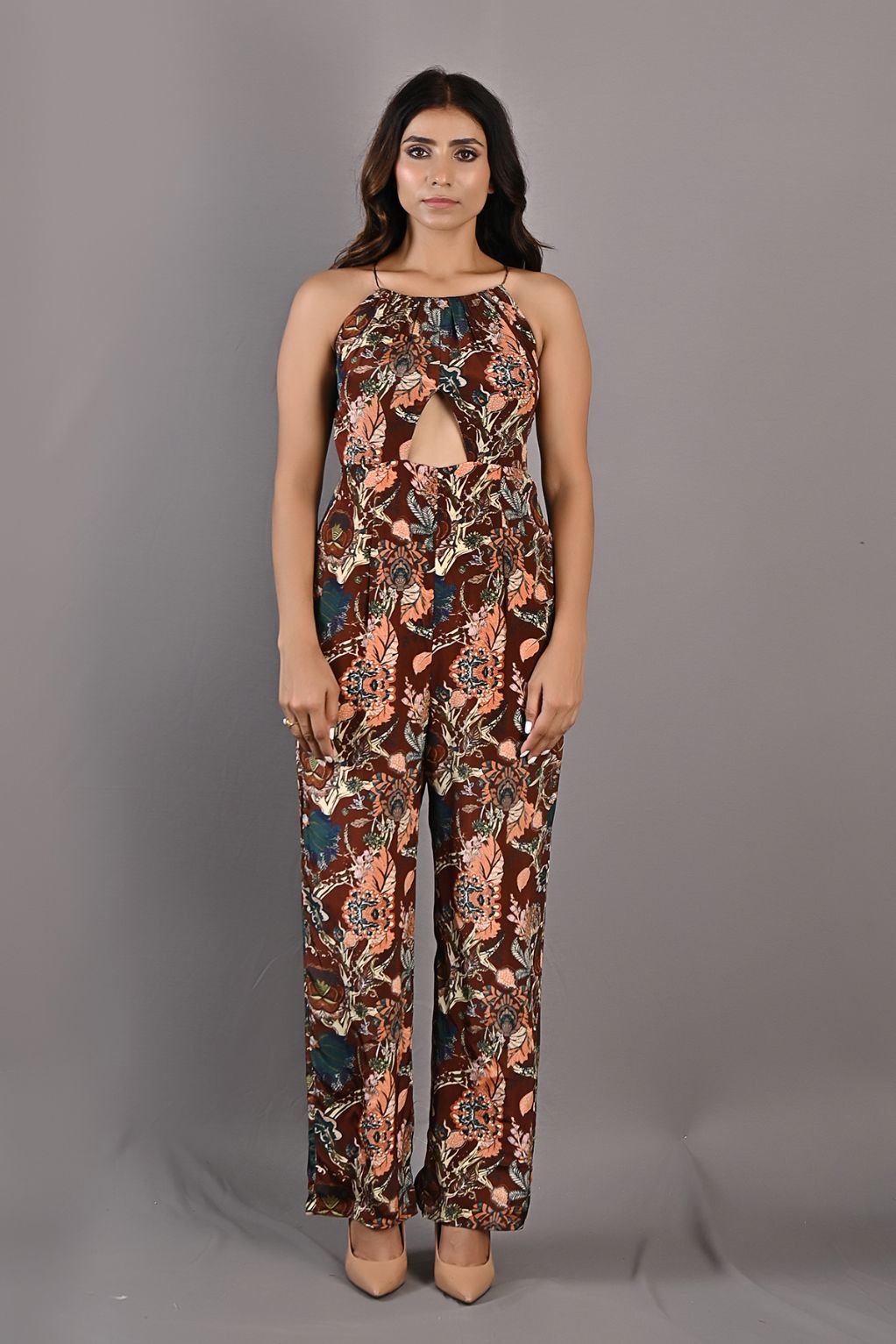 Primrose- Maroon & Multi Printed Jumpsuit with Front Slit and Halter Neck-0