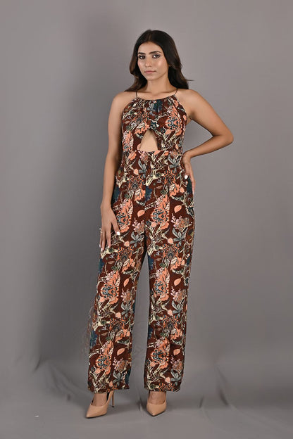 Primrose- Maroon & Multi Printed Jumpsuit with Front Slit and Halter Neck-1