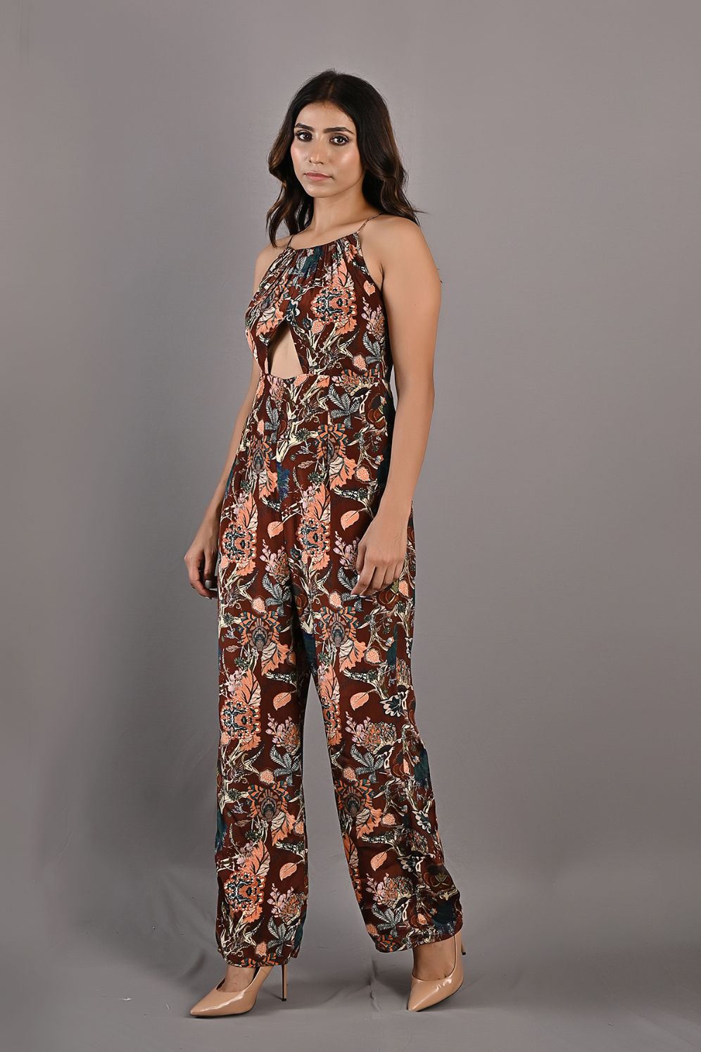 Primrose- Maroon & Multi Printed Jumpsuit with Front Slit and Halter Neck-2