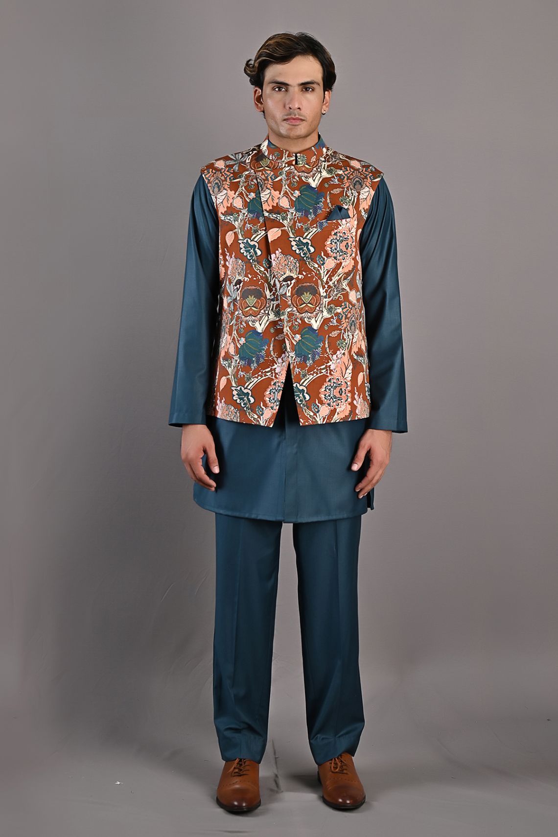 Fiore - Maroon & Multi Printed Nehru Jacket with Teal Green Kurta Set-1