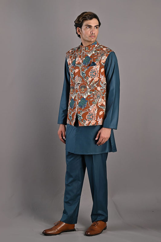 Fiore - Maroon & Multi Printed Nehru Jacket with Teal Green Kurta Set-0