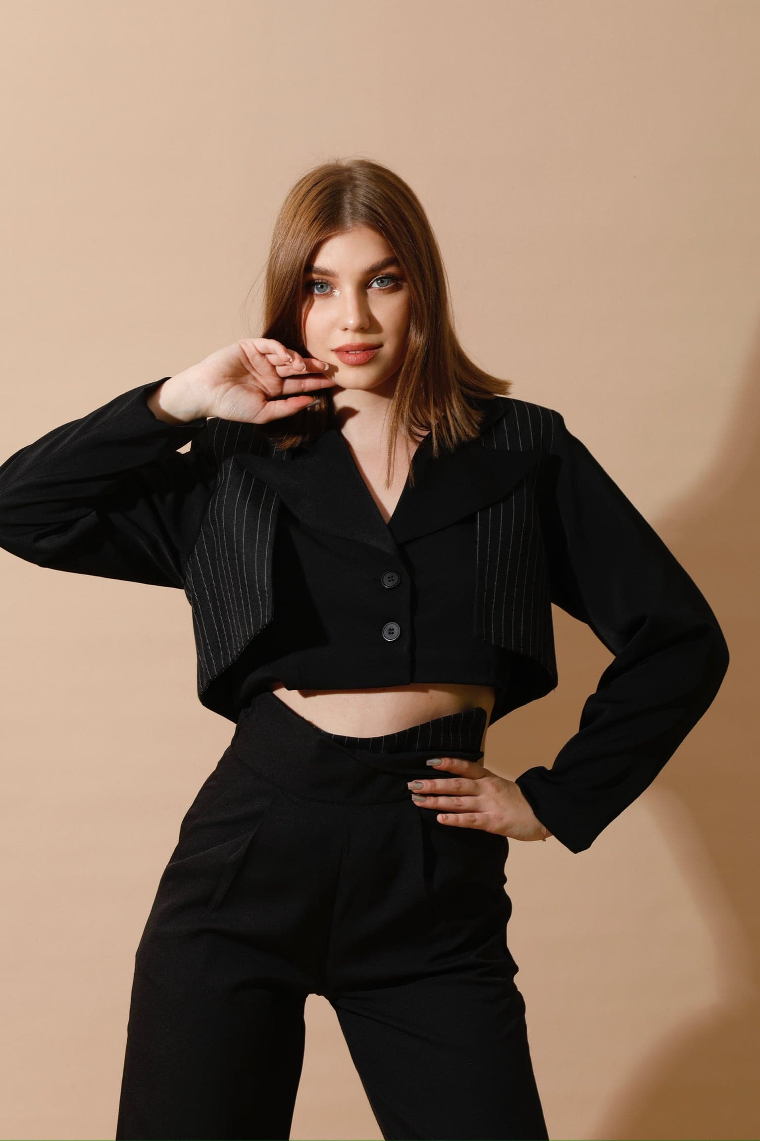 Cropped Pinstriped Blazer - Black-0