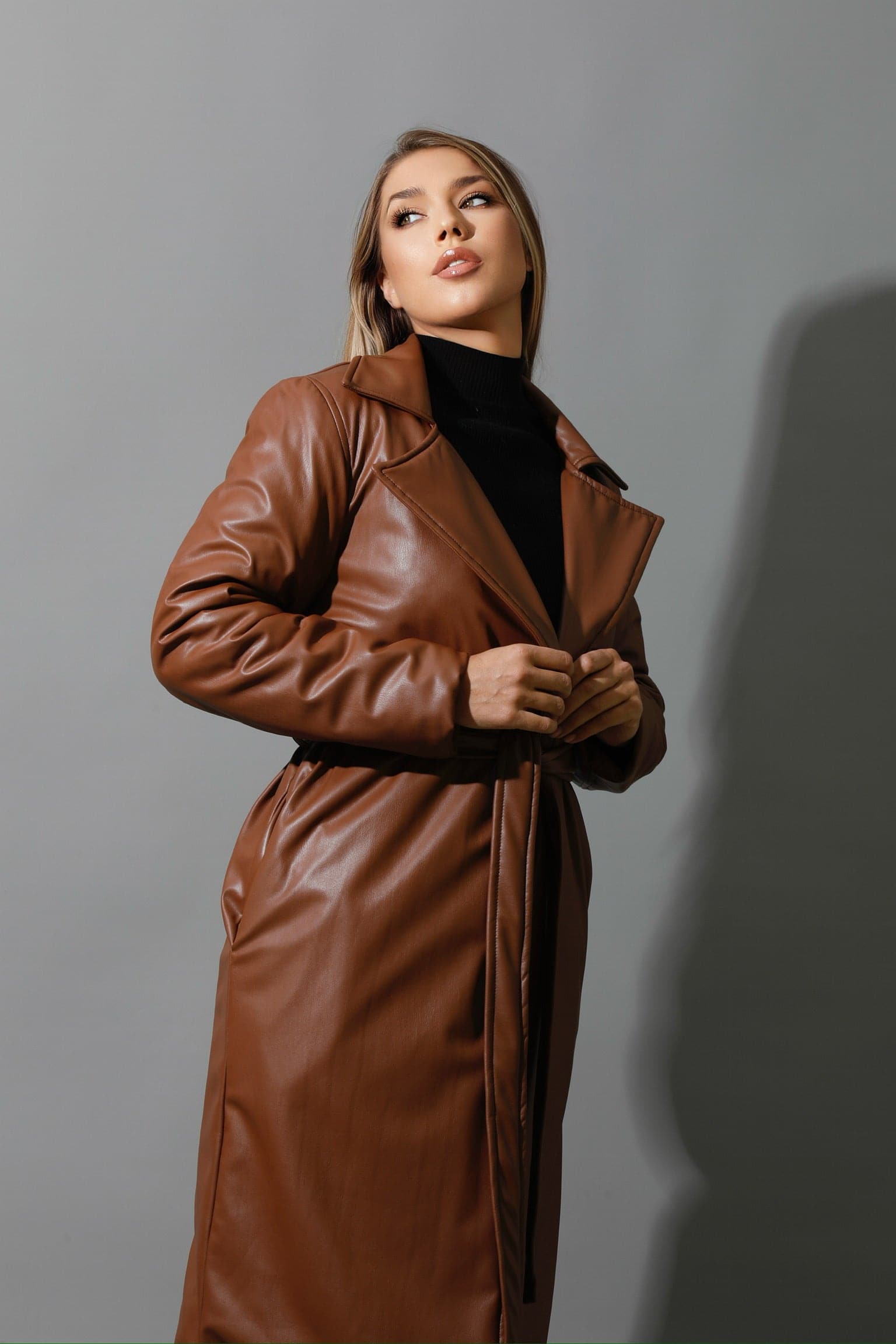 Leather Long Coat - Brown-4