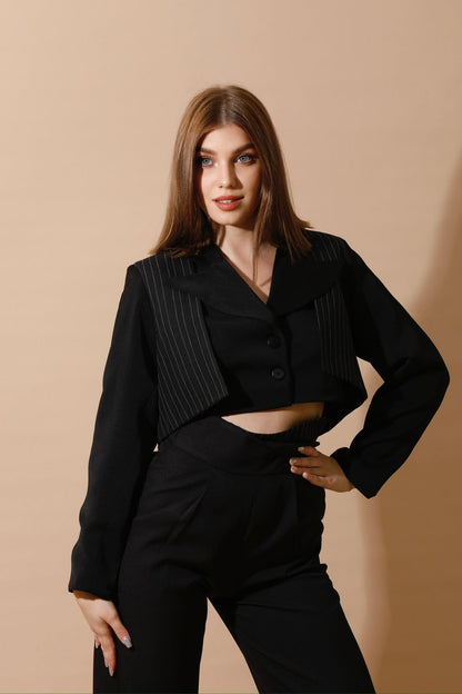 Cropped Pinstriped Blazer - Black-2