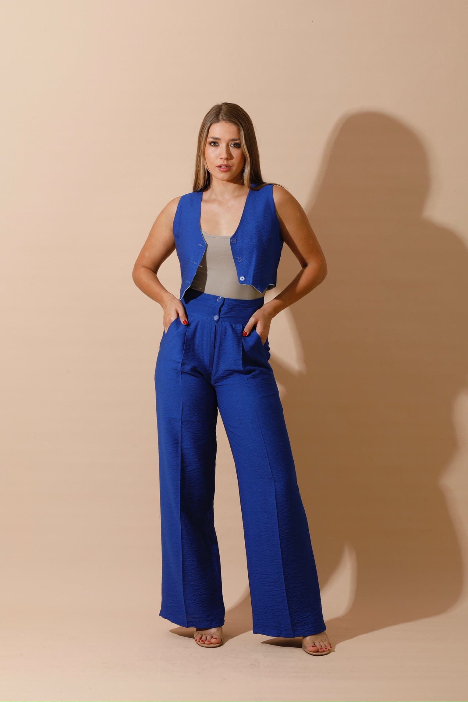 High Waist Linen-Blend Pants - Blue-1