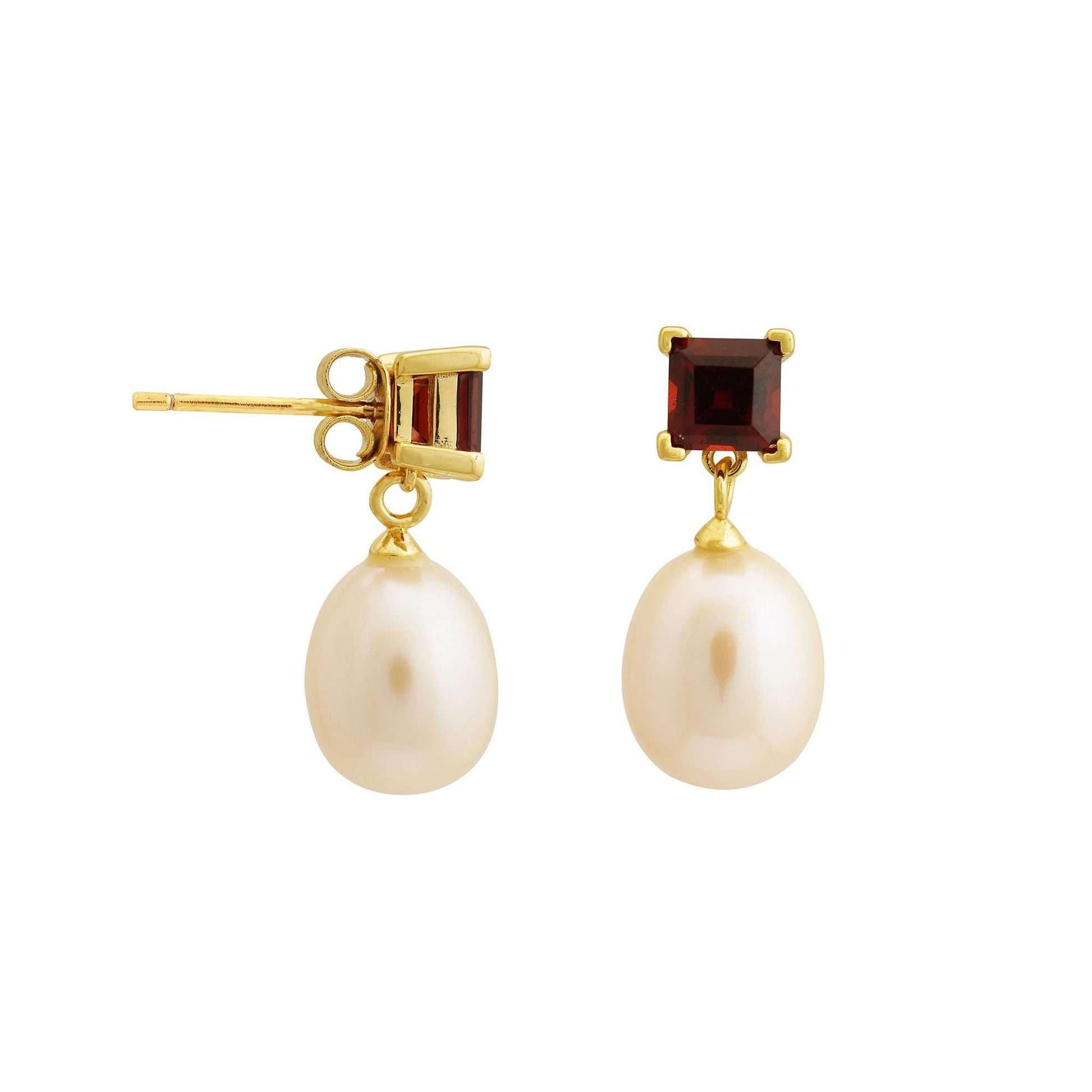 5 MM Red Garnet Square Stone & 9 - 9.5 MM Freshwater Pearl Bordeaux Drop Earrings in 24 CT Gold Plated Silver 925 Setting-0