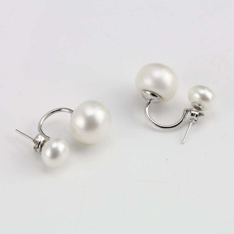 Freshwater White Yerevan Double Pearl Earrings 8 - 8.5 & 11-11.5 MM AAA-0