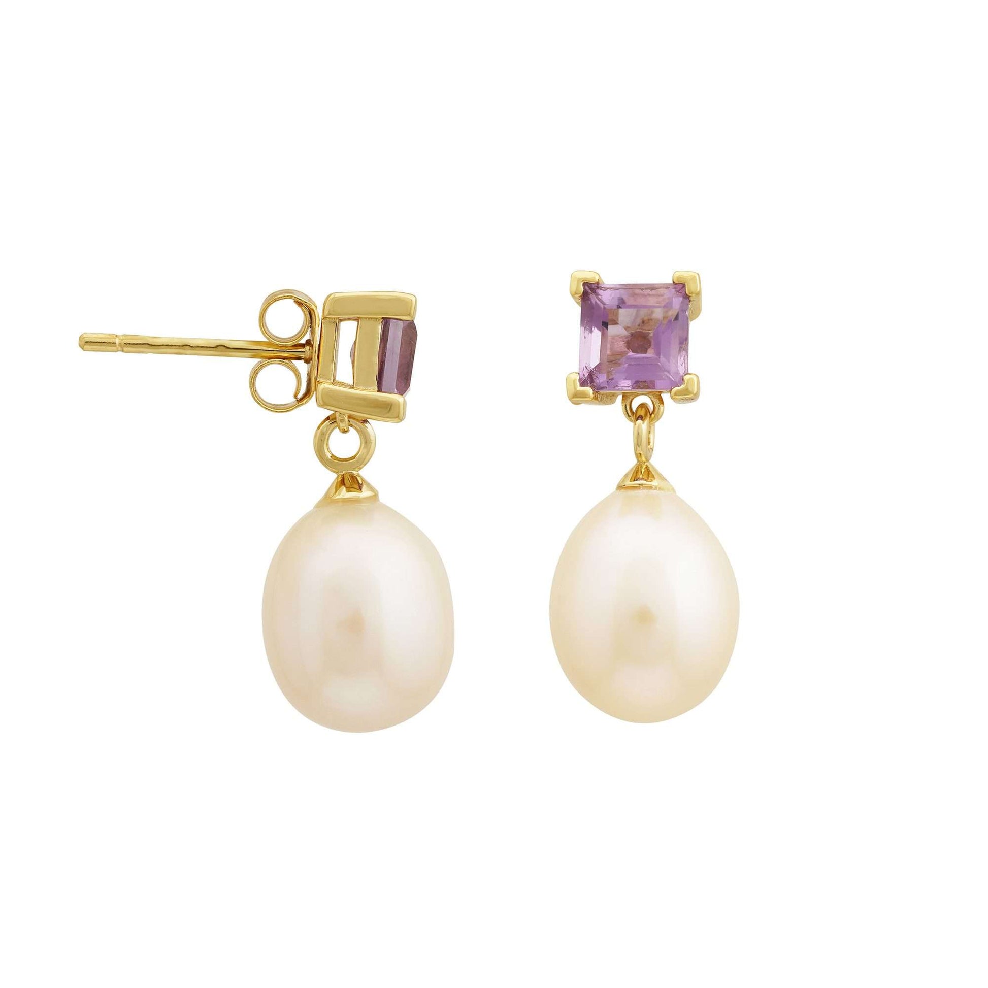 5 MM Amethyst Stone & 9 - 9.5 MM Freshwater Pearl Bordeaux Earrings in 24 CT Gold Plated Silver 925 Setting-0