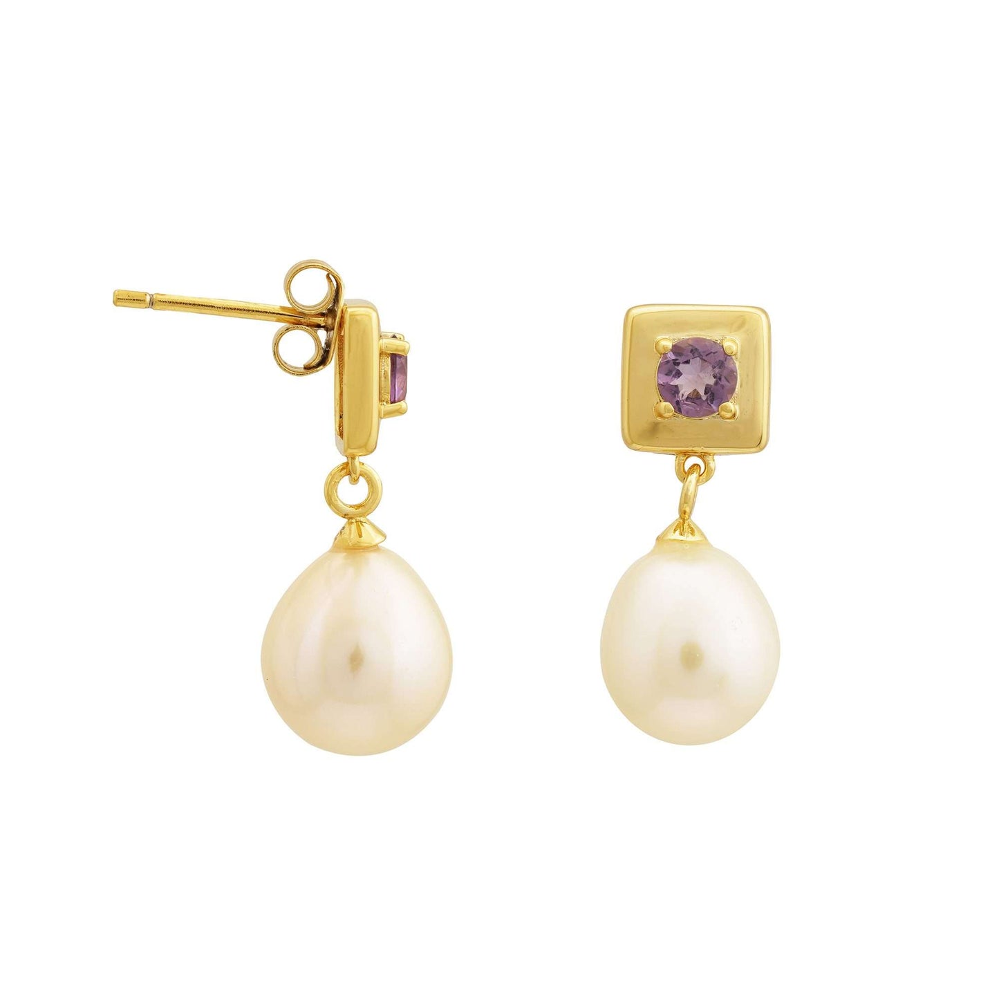 4 MM Amethyst Stone & 9 - 9.5 MM Freshwater Pearl Vienna Earrings in 24 CT Gold Plated Silver 925 Setting-0