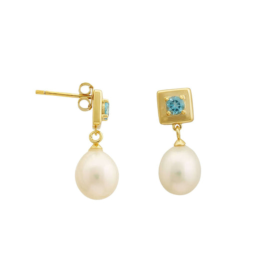 4 MM Swiss Blue Topaz Round Stone & 9 - 9.5 MM Freshwater Pearl Vienna Drop Earrings in 24 CT Gold Plated Silver 925 Setting-0