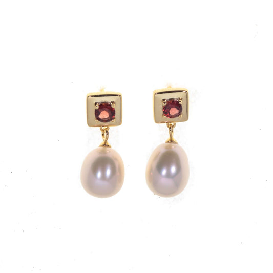 4 MM Rhodolite Garnet Stone & 9 - 9.5 MM Freshwater Pearl Vienna Earrings in 24 CT Gold Plated Silver 925 Setting-0