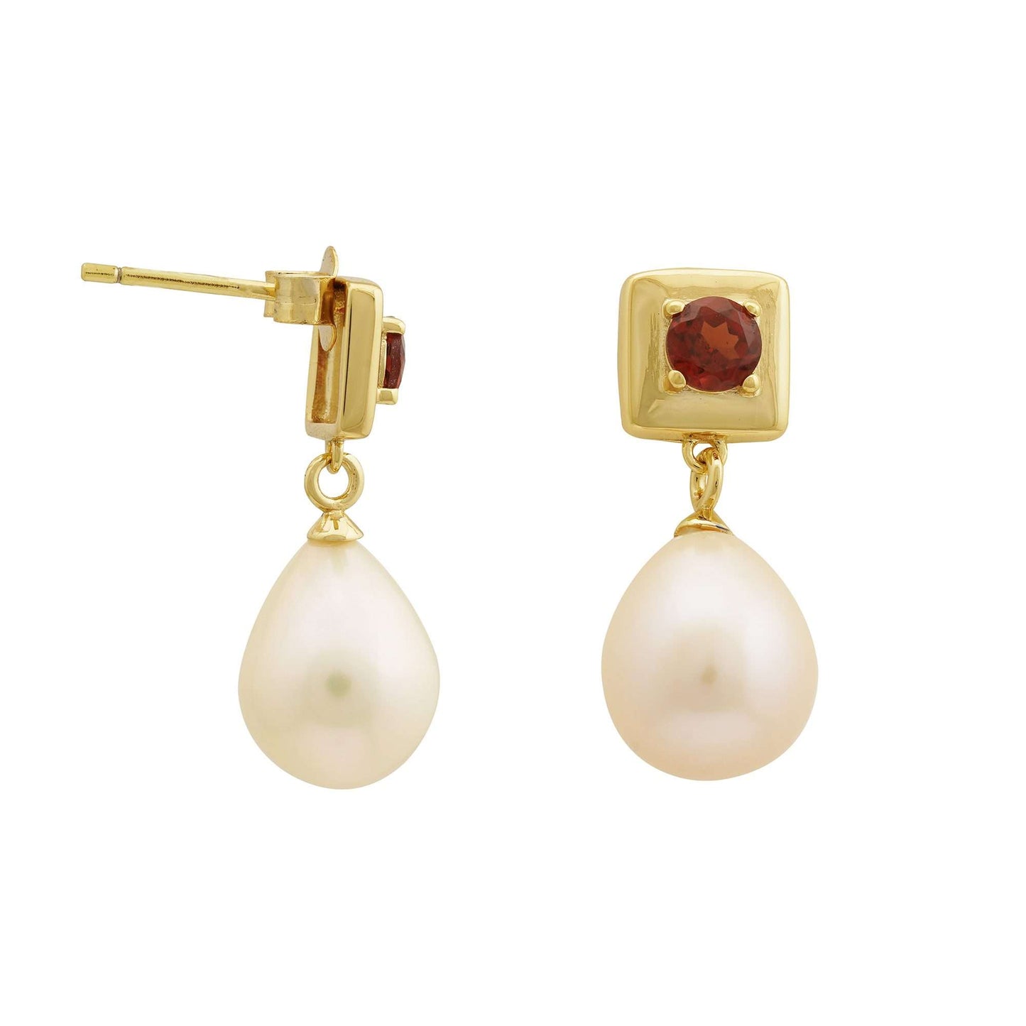 4 MM Red Garnet Stone & 9 - 9.5 MM Freshwater Pearl Vienna Earrings in 24 CT Gold Plated Silver 925 Setting-0