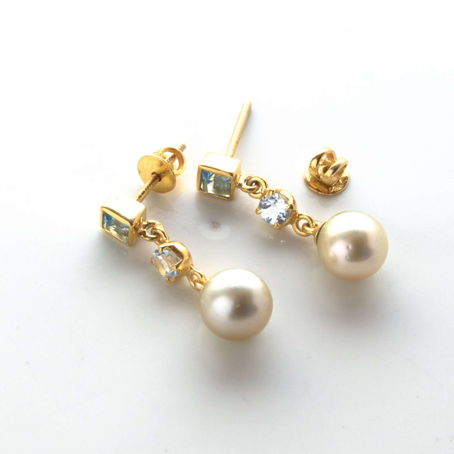 Golden South Sea Pearl with Aquamarine & Blue Topaz Stones Blaxland Earrings 8.5 - 9.5 MM-0