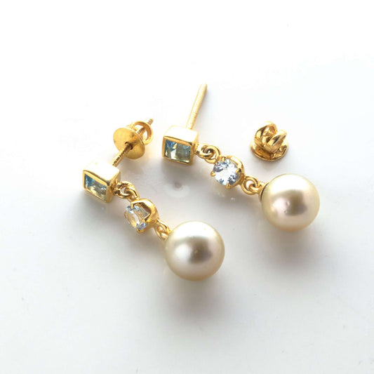 Golden South Sea Pearl with Aquamarine & Blue Topaz Stones Blaxland Earrings 8.5 - 9.5 MM-0