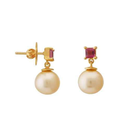 Golden South Sea Pearl with Pink Tourmaline Stone Melbourne Drop Earrings 8.5 - 9.5 MM-0