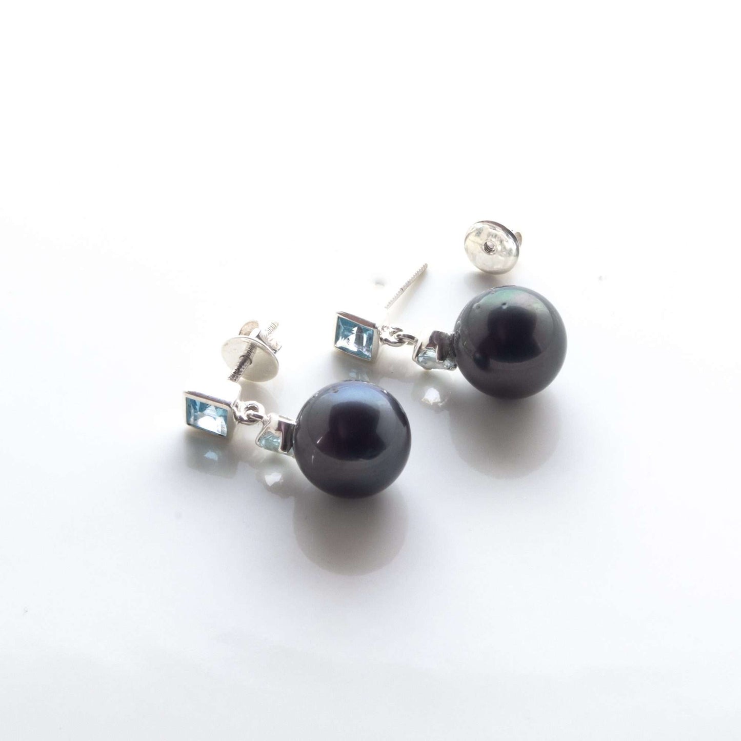 Tahitian Black Pearls with Natural Aquamarine & Blue Topaz Stone Gilgit Earrings 10.5 - 11.5 MM-0