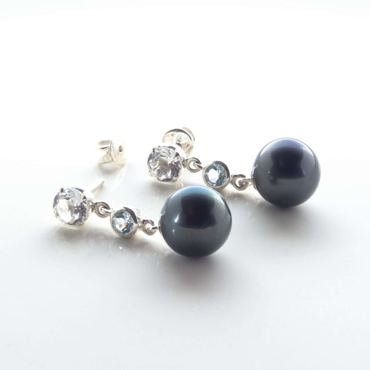 Tahitian Black Pearls with Natural Aquamarine & White Topaz Stone Kunduz Earrings 10.5 - 11.5 MM-0