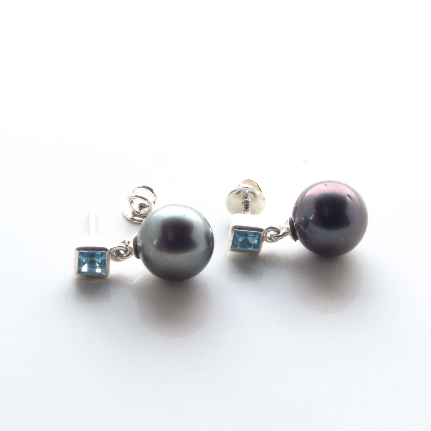 Tahitian South Sea Black Pearls with Blue Topaz Stone Karur Drop Earrings 10.5 - 11.5 MM-0