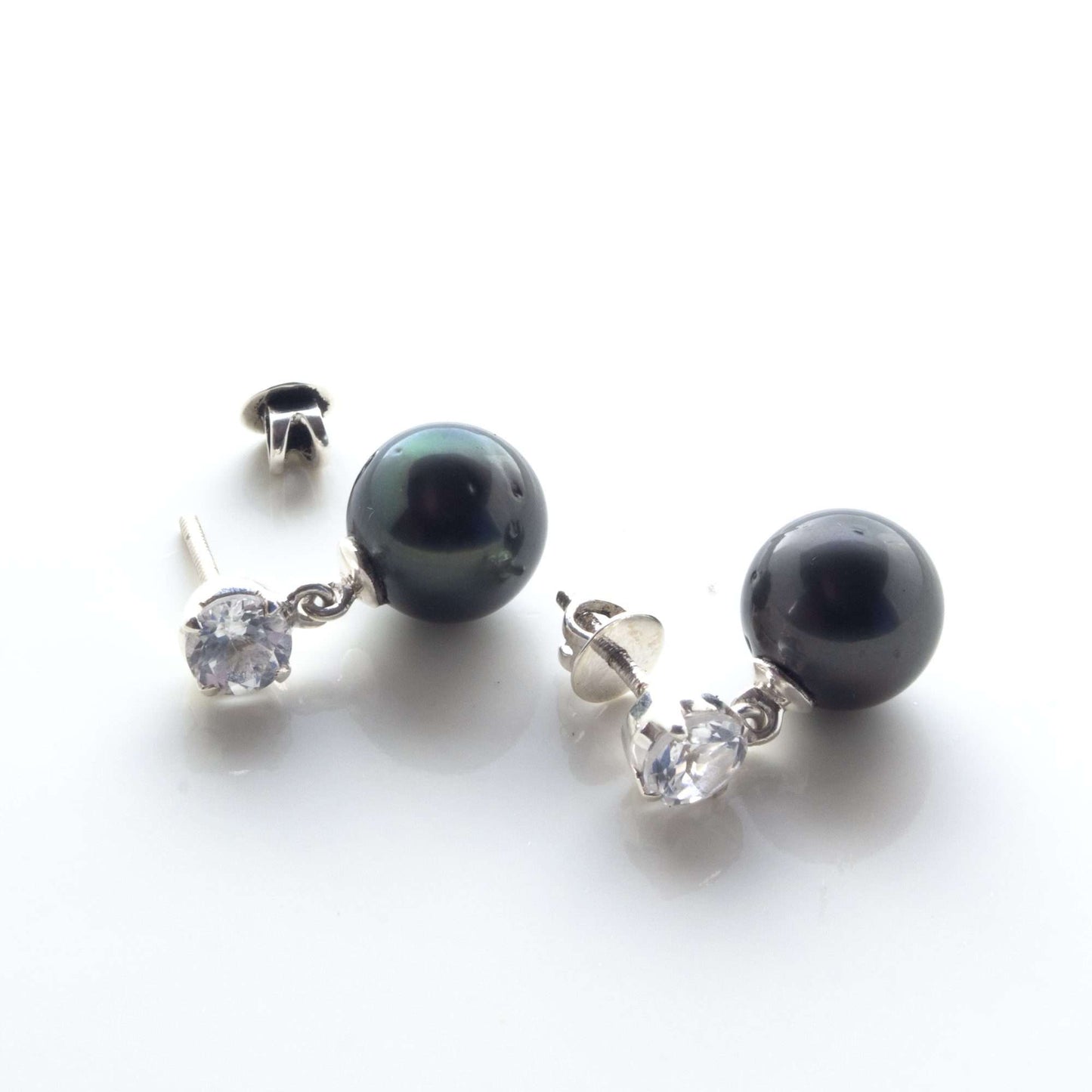 Tahitian Black Pearls with White Topaz Stone Redsea Drop Earrings 10.5 - 11.5 MM-0