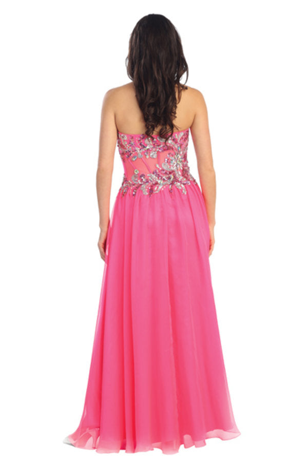 Jewel and Sequin Embellished Strapless Chiffon Long Dress with Sheer Cut Out and Side Slit-1