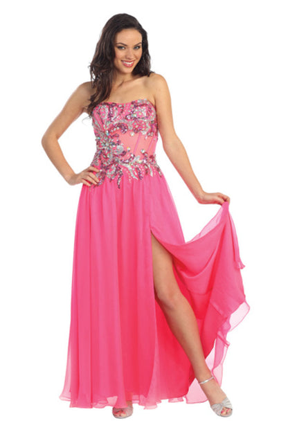 Jewel and Sequin Embellished Strapless Chiffon Long Dress with Sheer Cut Out and Side Slit-0