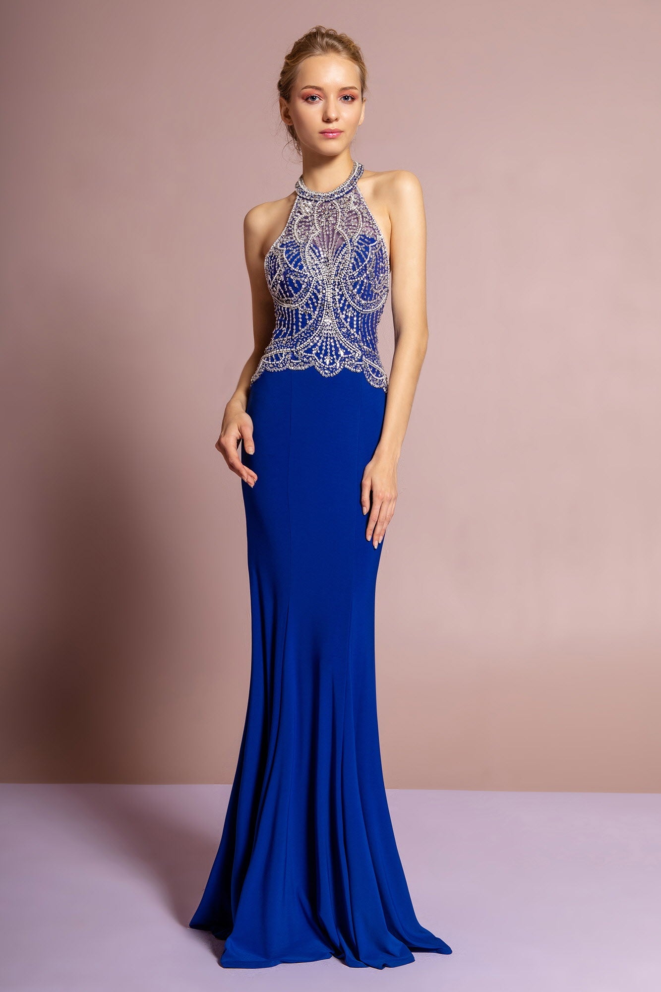 Halterneck Jersey Long Dress with Beaded Bodice-0