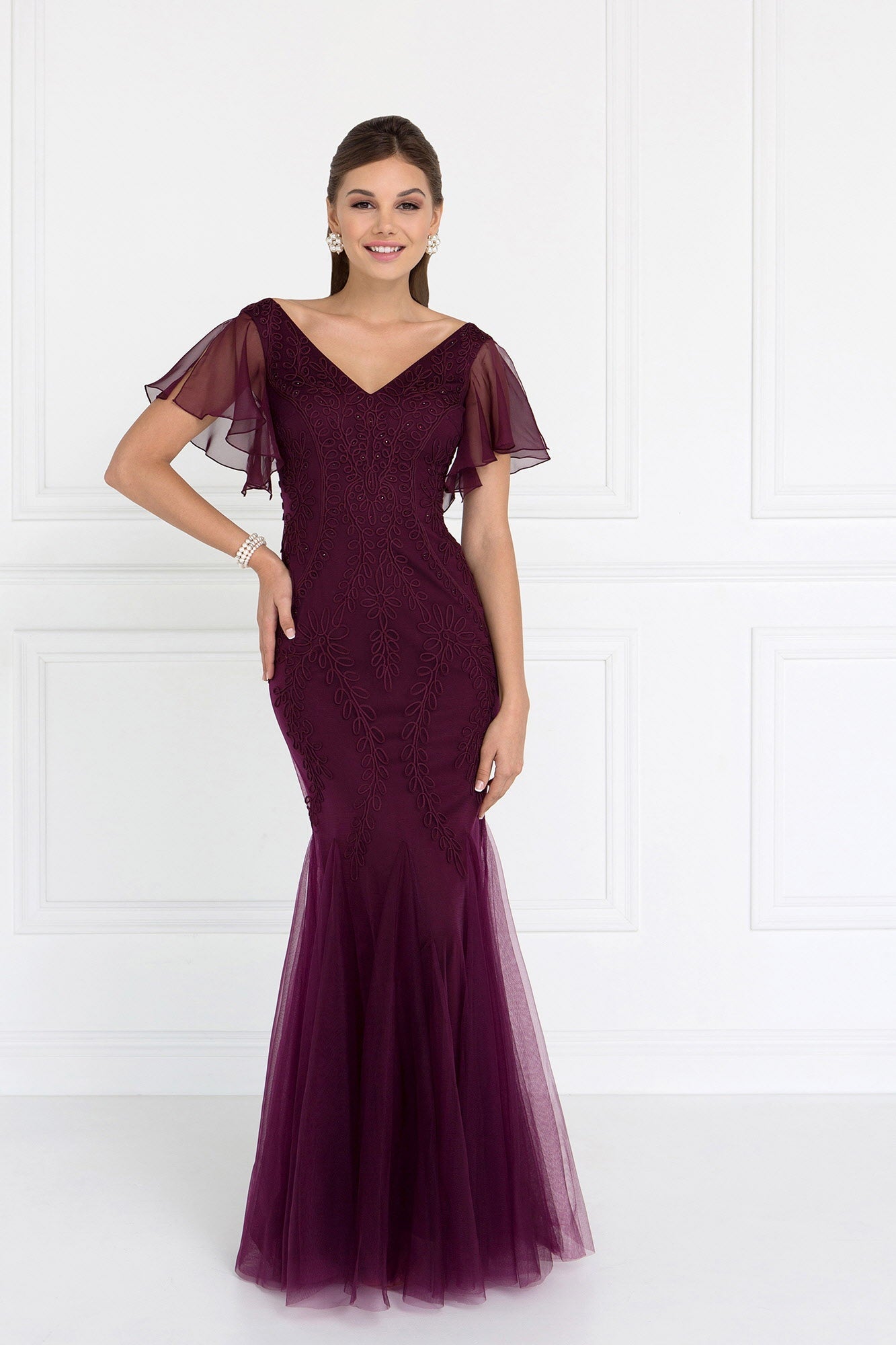 Tulle V-Neck Trumpet Long Dress with Short Sleeves-0