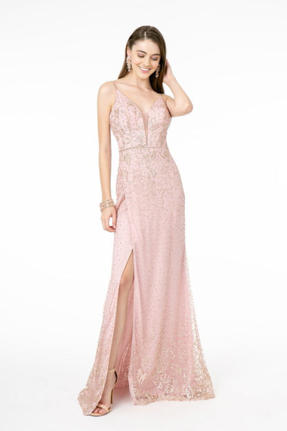 Glitter Mesh Illusion Deep V-Neck Long Dress w/ Slit-1