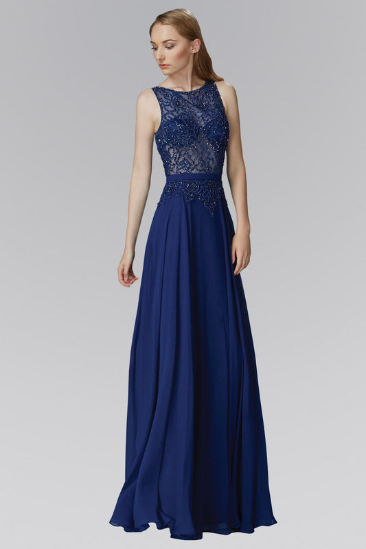 Floor Length Chiffon Long Dress with Bead Embellished Sheer Bodice-0