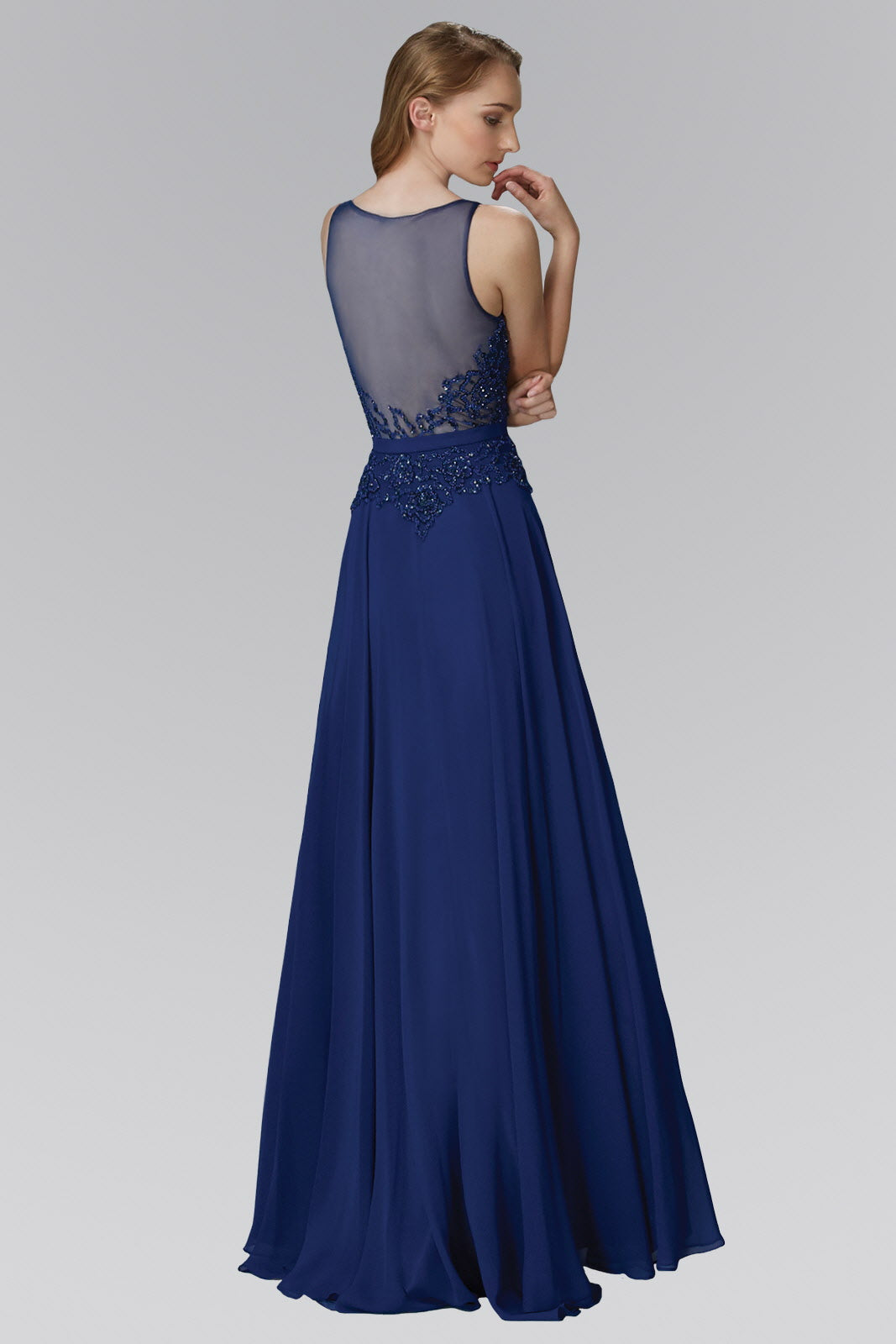 Floor Length Chiffon Long Dress with Bead Embellished Sheer Bodice-2